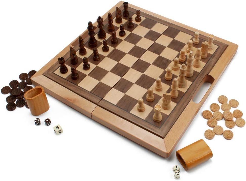 3-in-1 Wooden Folding Chess Checker Backgammon Board Game Set O7037
