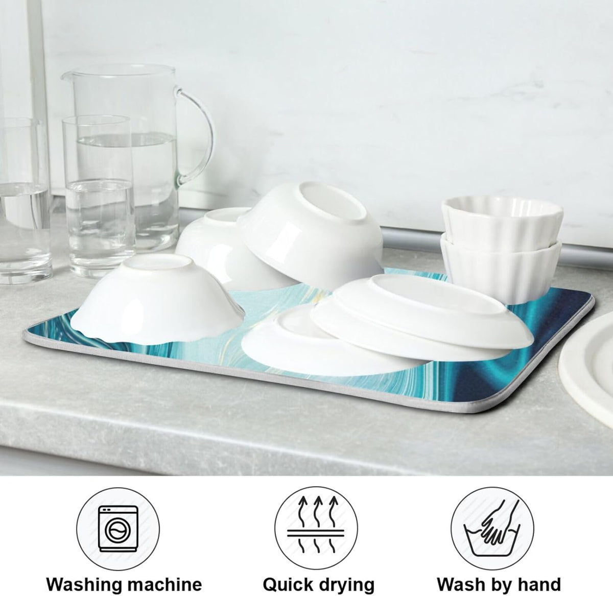 Blue Abstract Marble Dish Drying Mat, 16x18Inch D5149