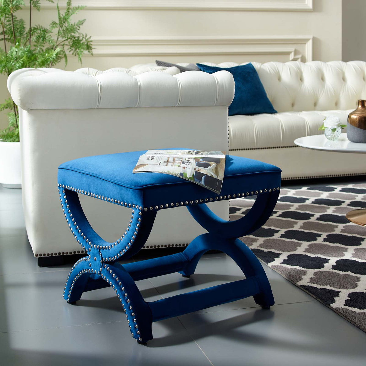 Navy Blue Velvet Accent Chair and Ottoman P5317