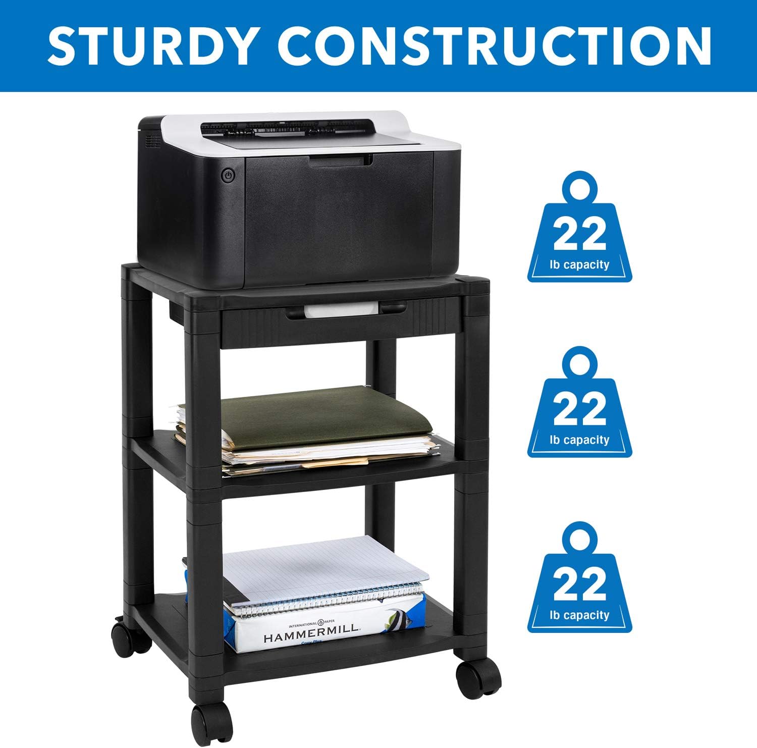 Black 3 Tier Rolling Printer Stand with Drawer D8452
