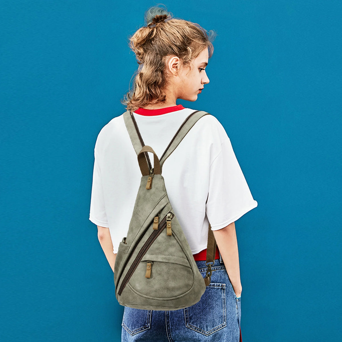 Olive Green PU Leather Sling Bag U677372