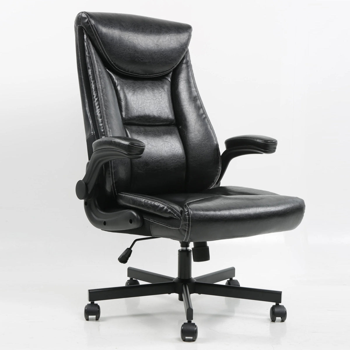 Black Leather Ergonomic Executive Office Chair with Adjustable Flip-Up Arms V195