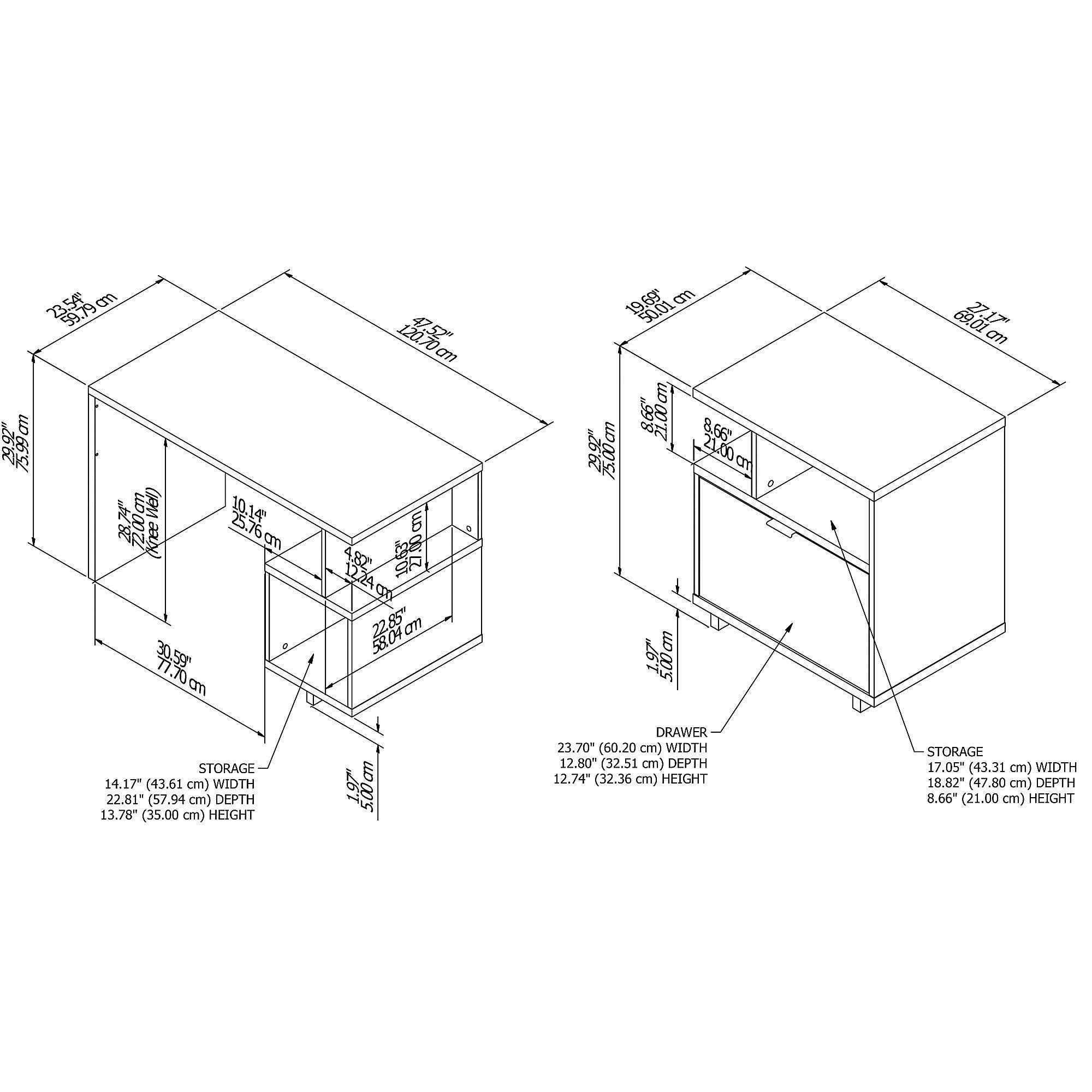48W Writing Desk with Lateral File Cabinet Pure White N6724