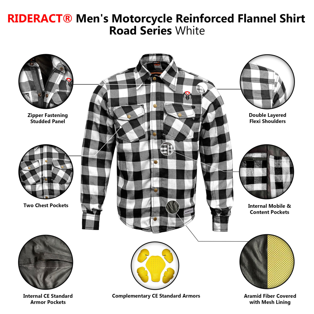 Black & White Reinforced Flannel Motorcycle Shirt D9199