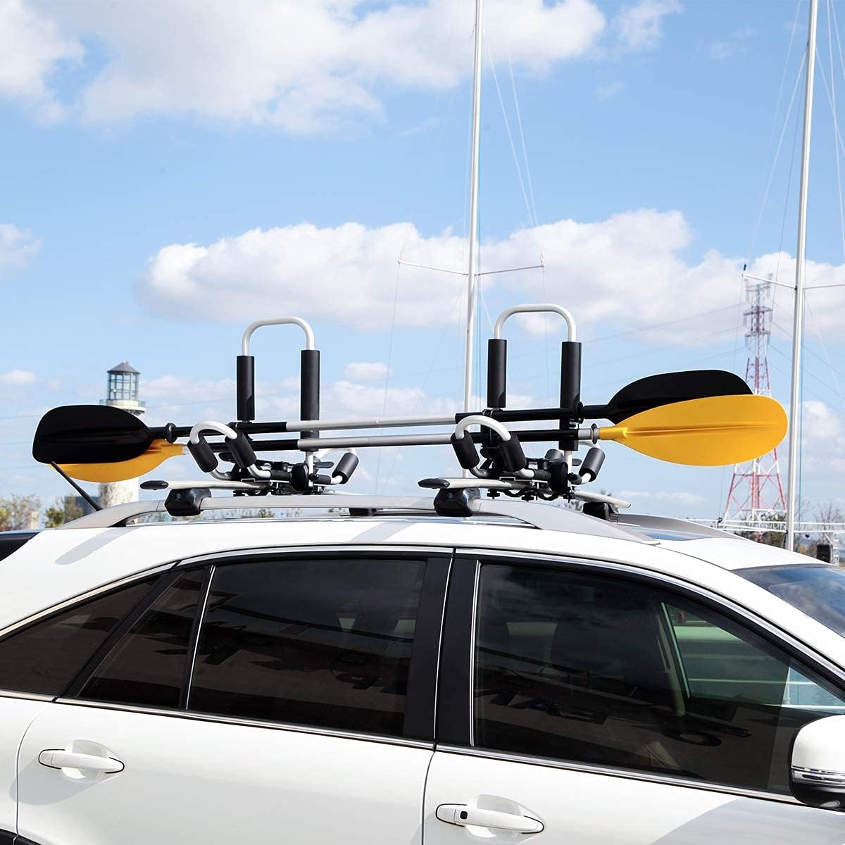Aluminum Folding Kayak Rack for 2 Kayaks, J-Style 4 in 1 Kayak Carrier with Paddle Holder, 2 Piece Y65285