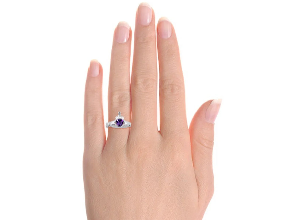 14K White Gold Claddah Friendship Ring & Cross Necklace 18" Chain Heart Gemstone & Diamonds 6MM Amethyst Birthstone Jewelry A184504