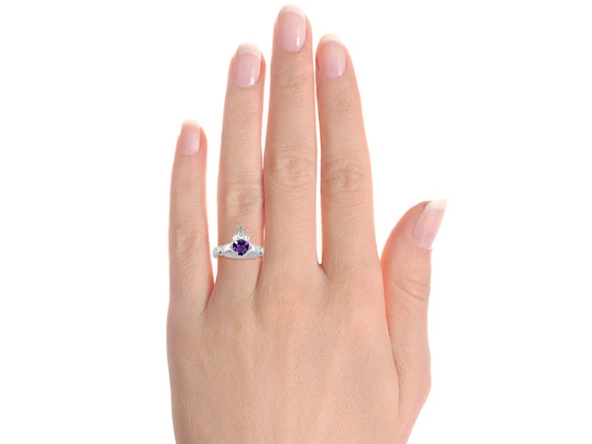 14K White Gold Claddah Friendship Ring & Cross Necklace 18" Chain Heart Gemstone & Diamonds 6MM Amethyst Birthstone Jewelry A184504