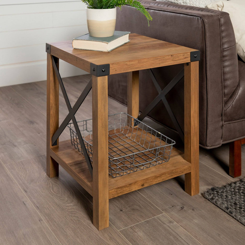 Rustic Oak Metal Side Table Y28412