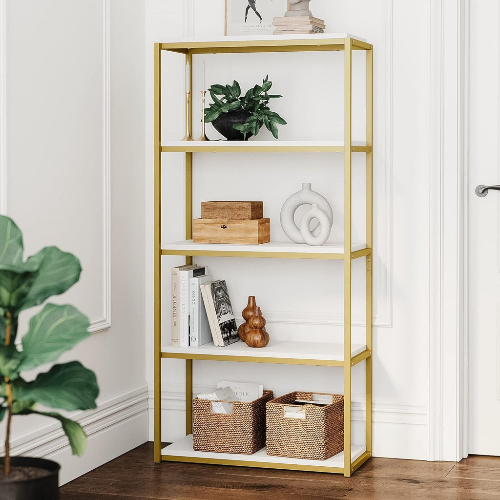 5-Shelf Bookcase with Metal Frame and Wood Shelves, Nutmeg/Black J729319