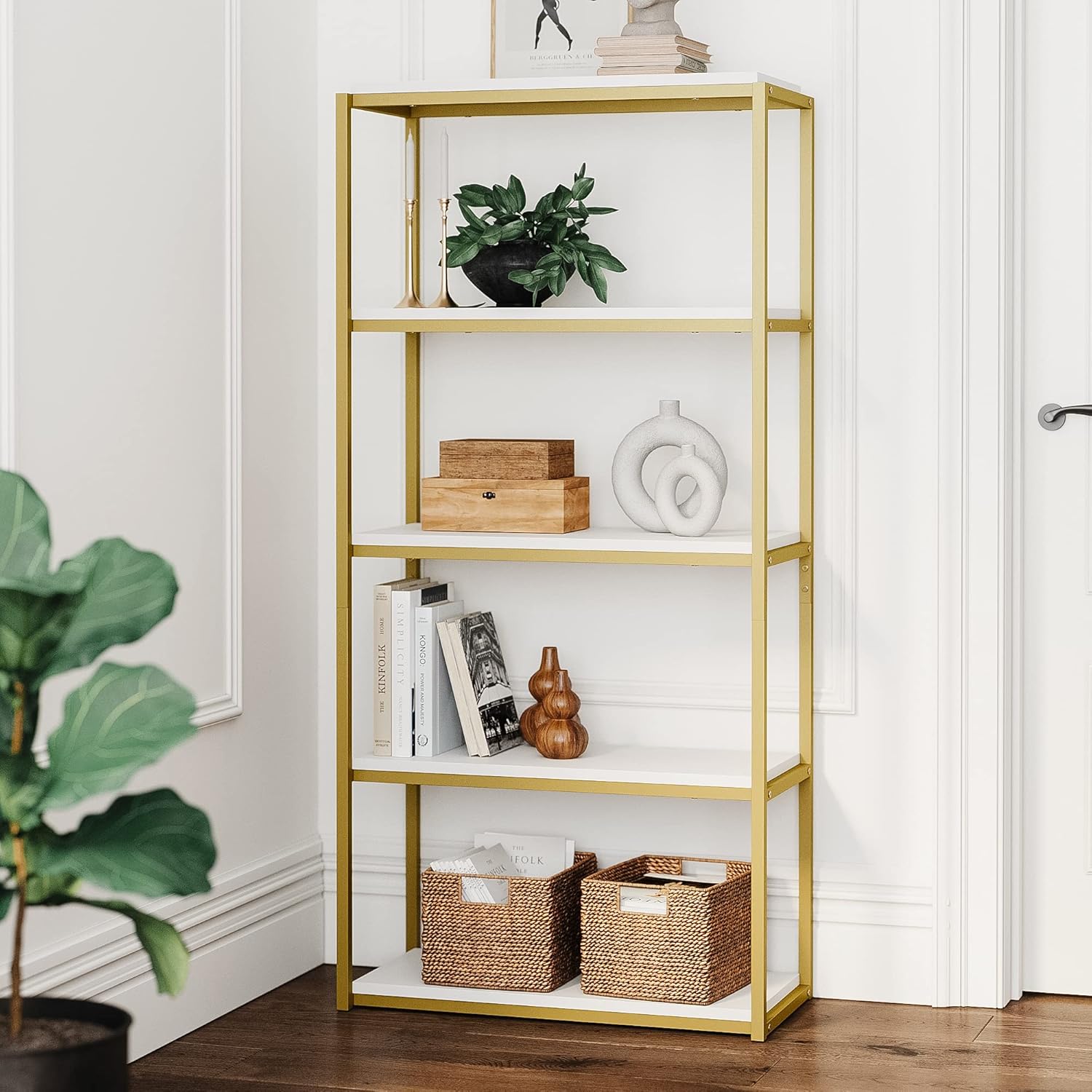 5-Shelf Bookcase with Metal Frame and Wood Shelves, Nutmeg/Black J729319