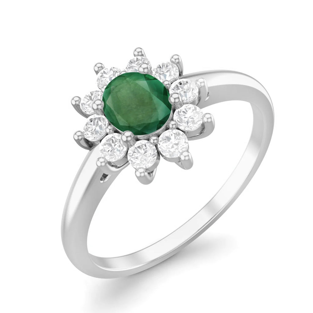 Oval Emerald 925 Sterling Silver Solitaire Halo Engagement Ring Y5842