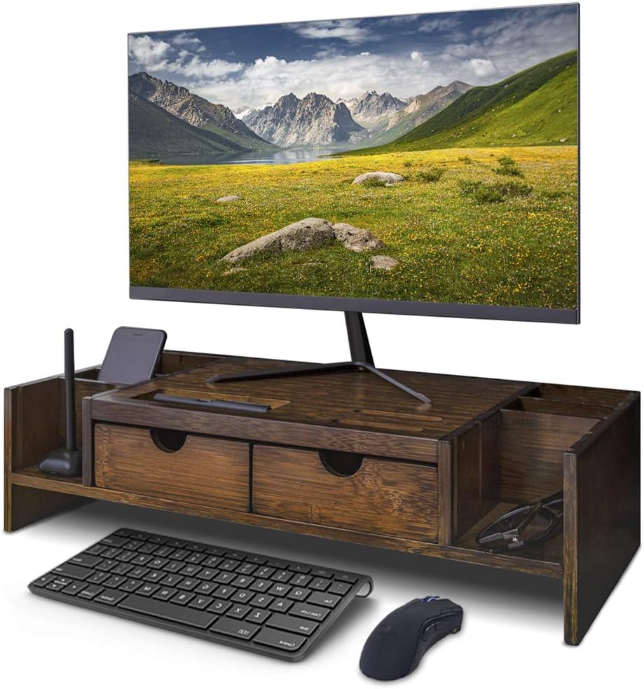 Natural Bamboo Monitor Stand with Drawers, Pack of 2 J630