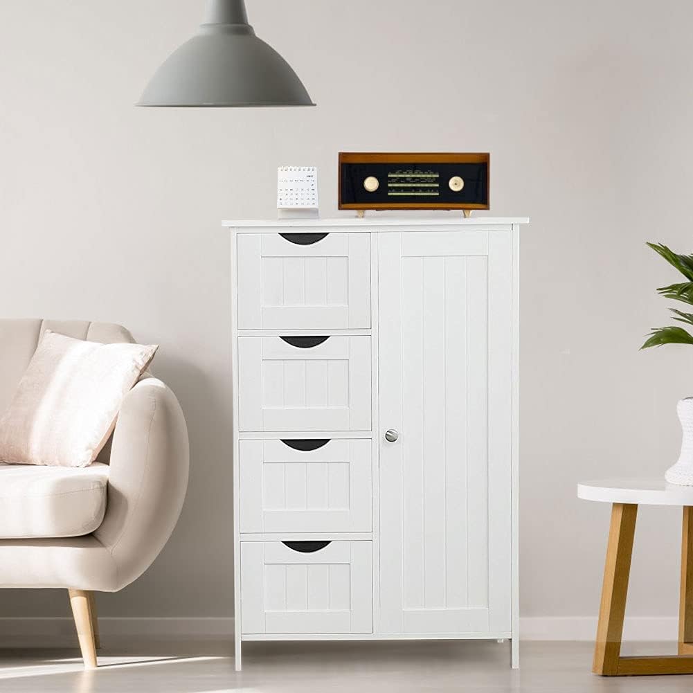 White Wooden Floor Storage Cabinet with 1 Door & 4 Drawer L73023
