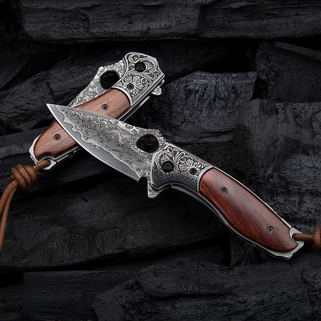 2.5in VG10 Damascus Steel Folding Pocket Knife with Rosewood Handle O14872