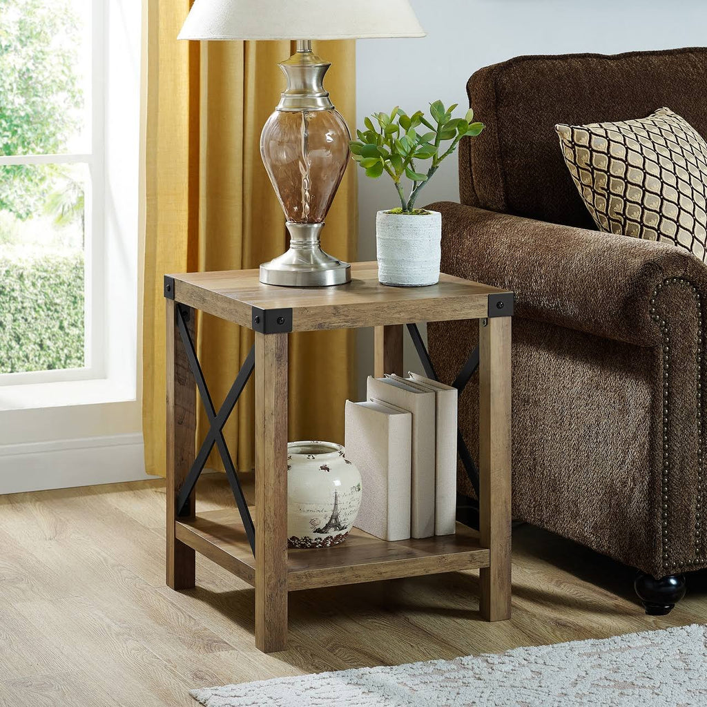 Rustic Oak Metal Side Table Y28412