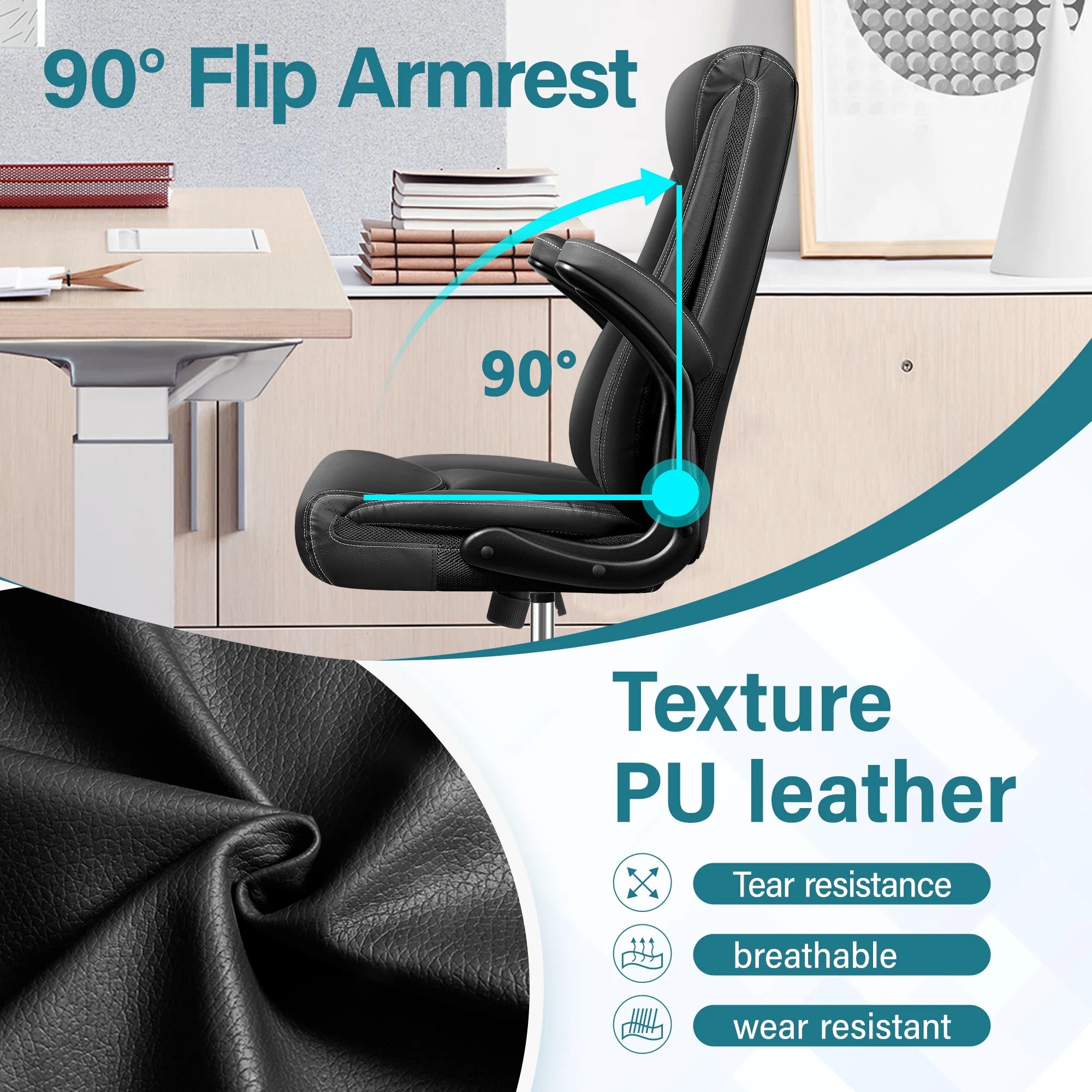 Black Leather Ergonomic Executive Office Chair with Adjustable Flip-Up Arms V195