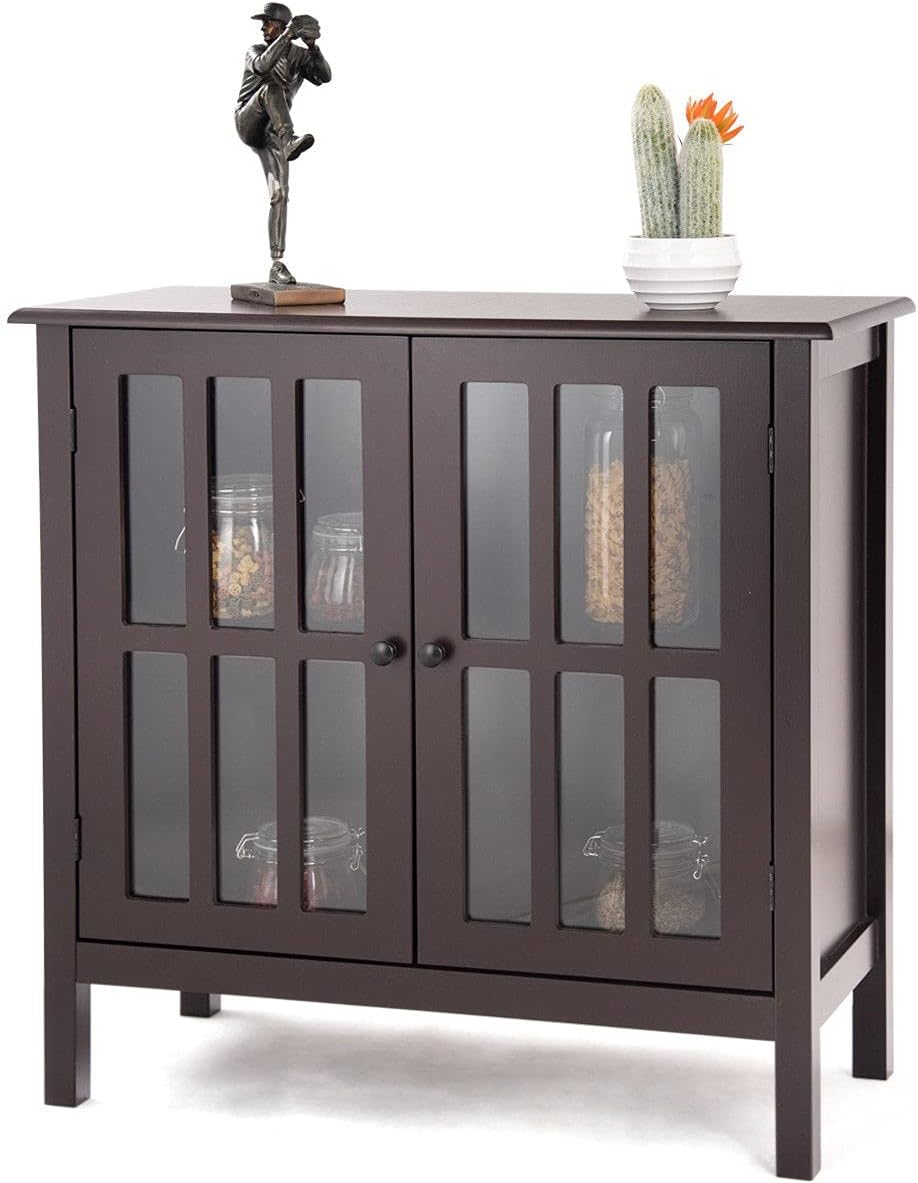 Dark Brown Storage Cabinet Organizer Buffet Server Sideboard Console Bedside Table 2 Tempered Glass Door 2 Storage Shelves O7760