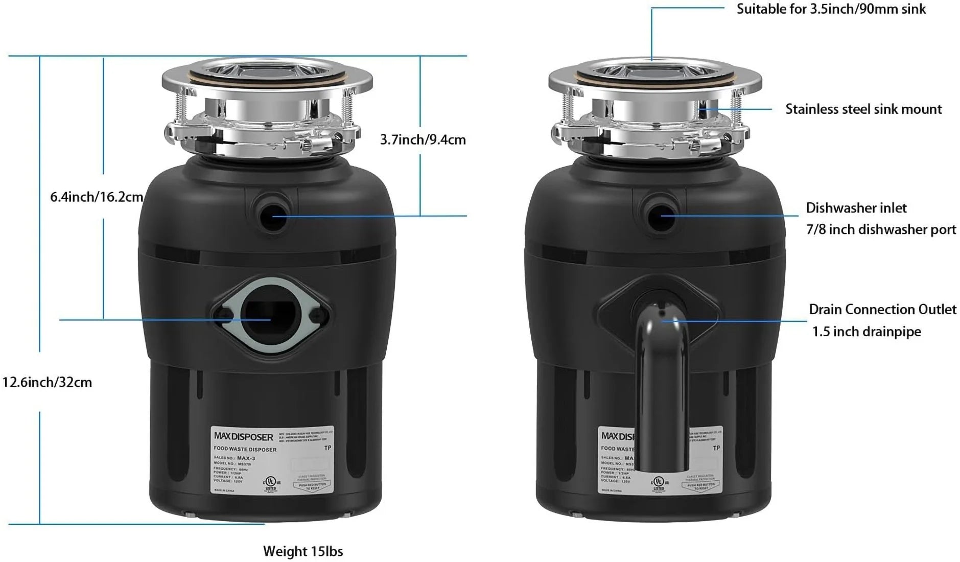 Garbage Disposal with Stainless Steel Grinding Chamber, 1/2 HP Continuous Feed with Power Cord N476
