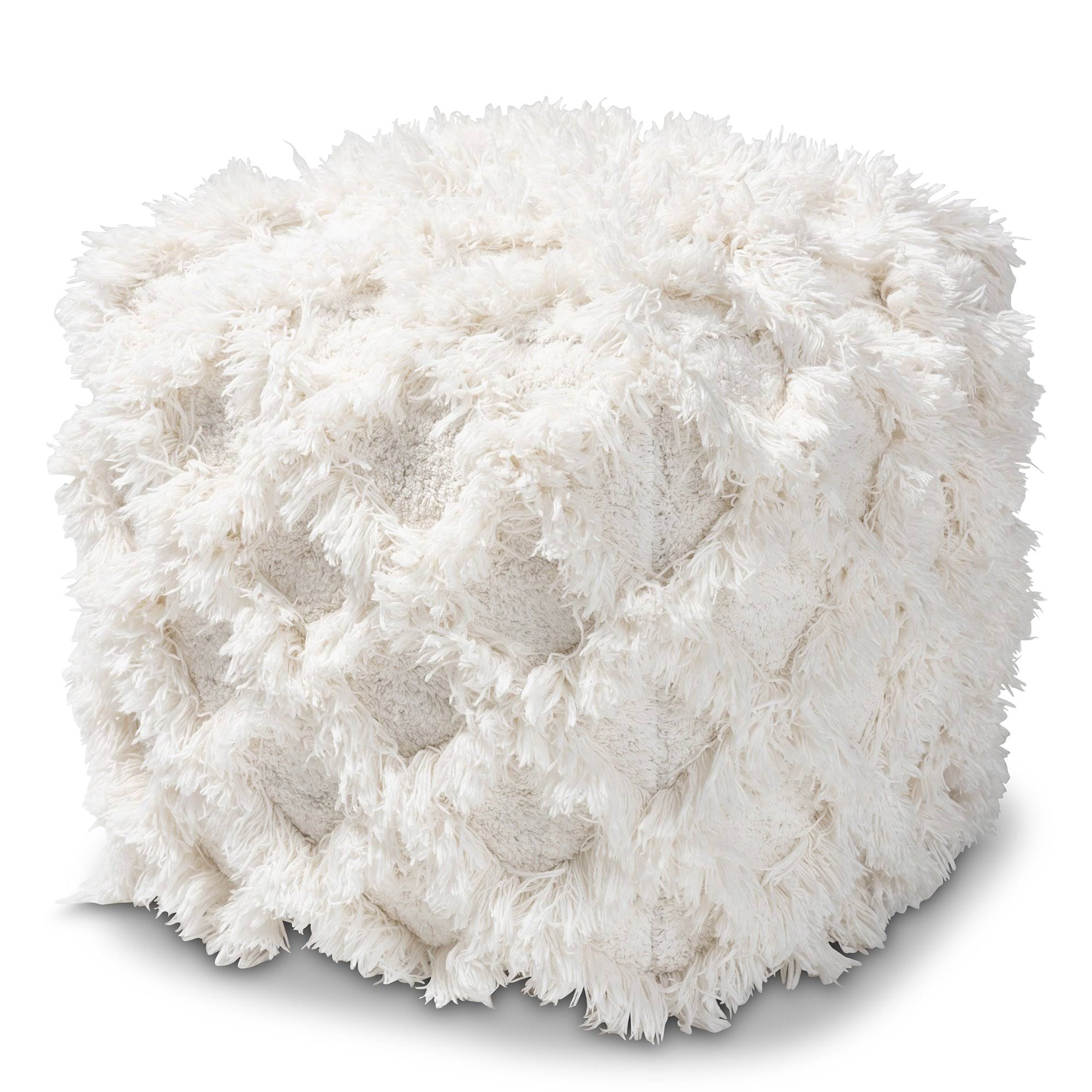 Ivory Handwoven Cotton Fringe Pouf Ottoman S5558