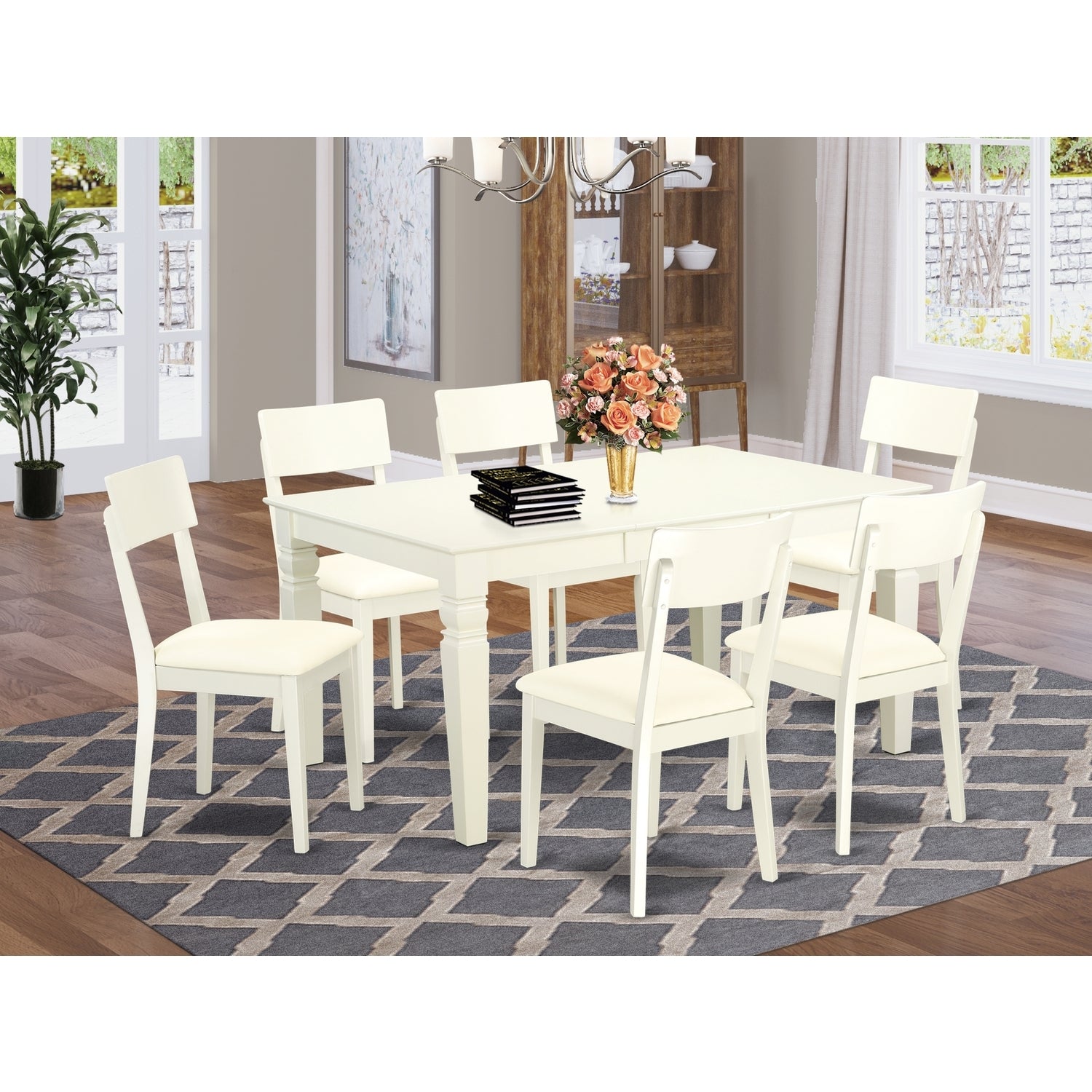 7 Pc Dining Set with Faux Leather Chairs in Linen White X438669