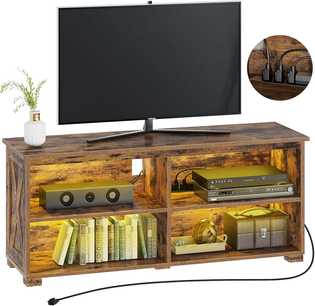 Rustic Brown TV Stand with Power Outlet and LED Lights Q91134