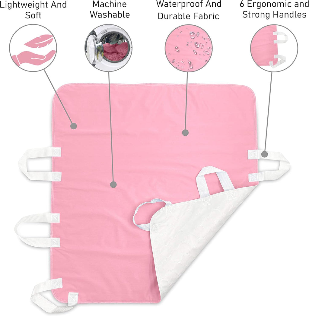 Waterproof Reusable Incontinence Bed Pad with 6 Handles, 34” x 36” (2-Pack Pink) M670538