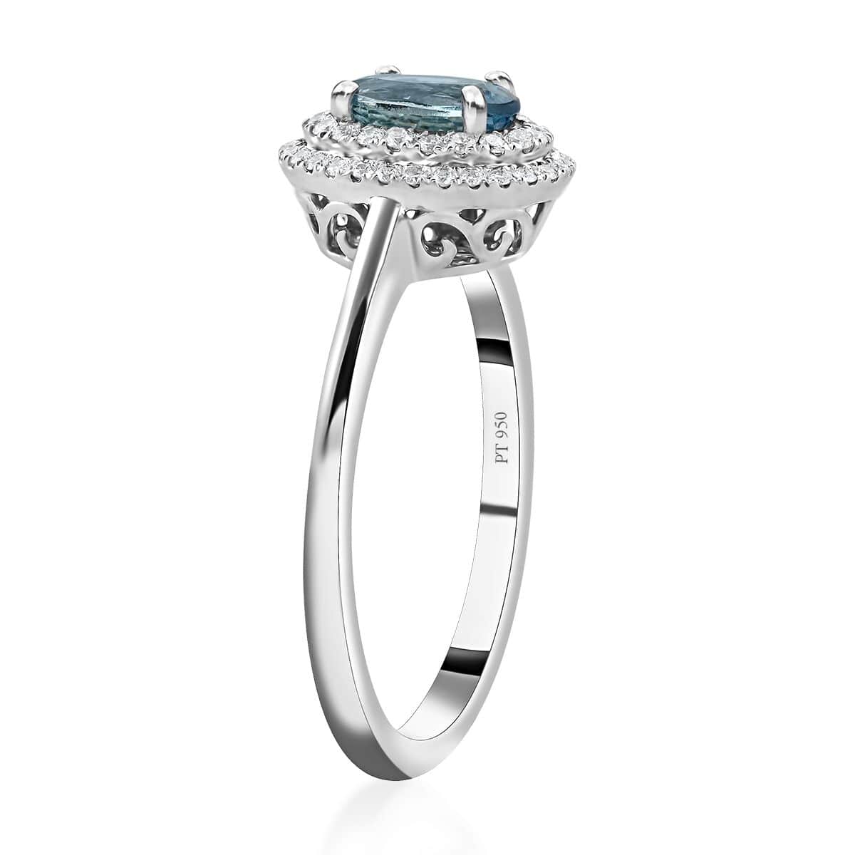 Blue Aquamarine White Diamond Oval 950 Platinum Halo Ring Size 10 Ct 0.86 E-F Color VS Clarity E879