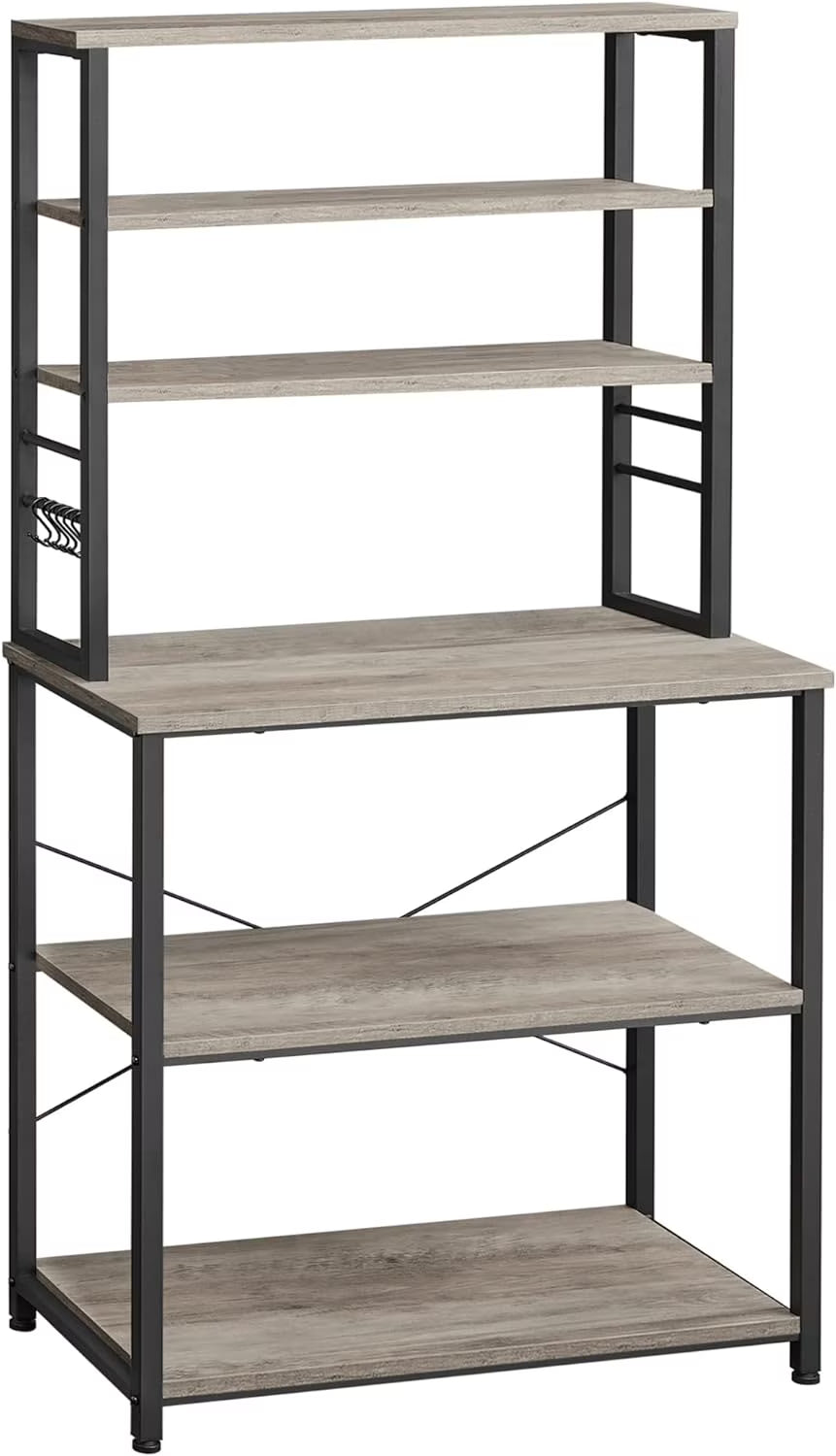 Coffee Bar with Storage, 6-Tier Kitchen Shelves with 6 Hooks, Greige and Black S276