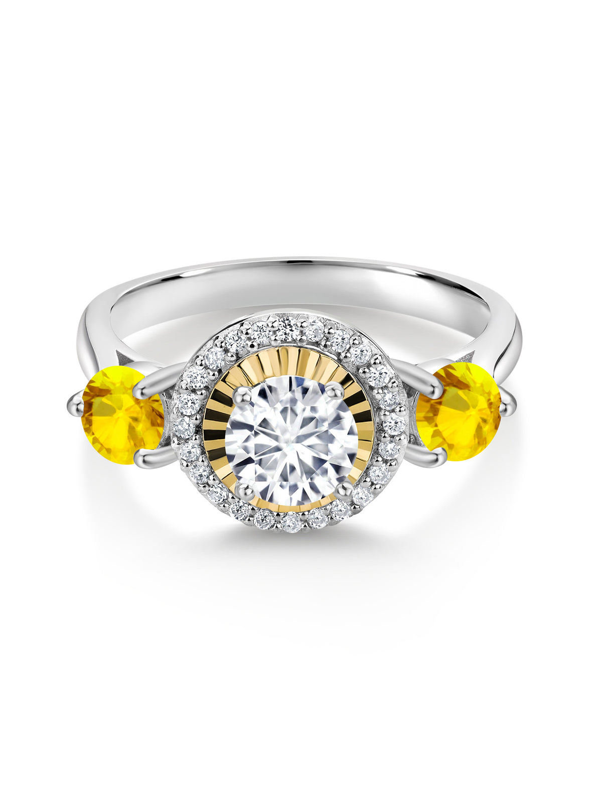 1.34 Ct Lab Grown Diamond Yellow Sapphire 925 Silver 10K Yellow Gold 3 Stone Engagement Ring L349