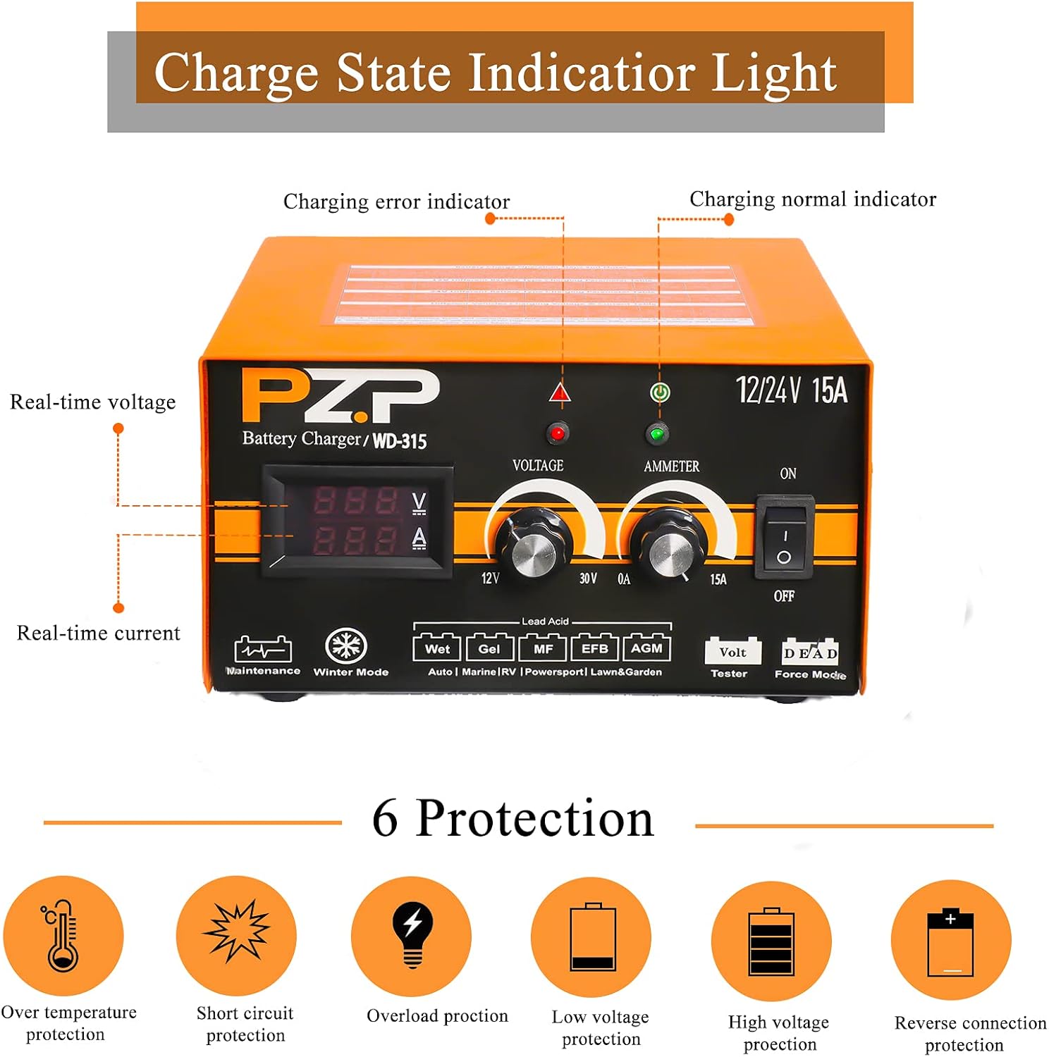 24v/12v 15-Amp Automotive Car Battery Fast Trickle Charger and Maintainer H9957
