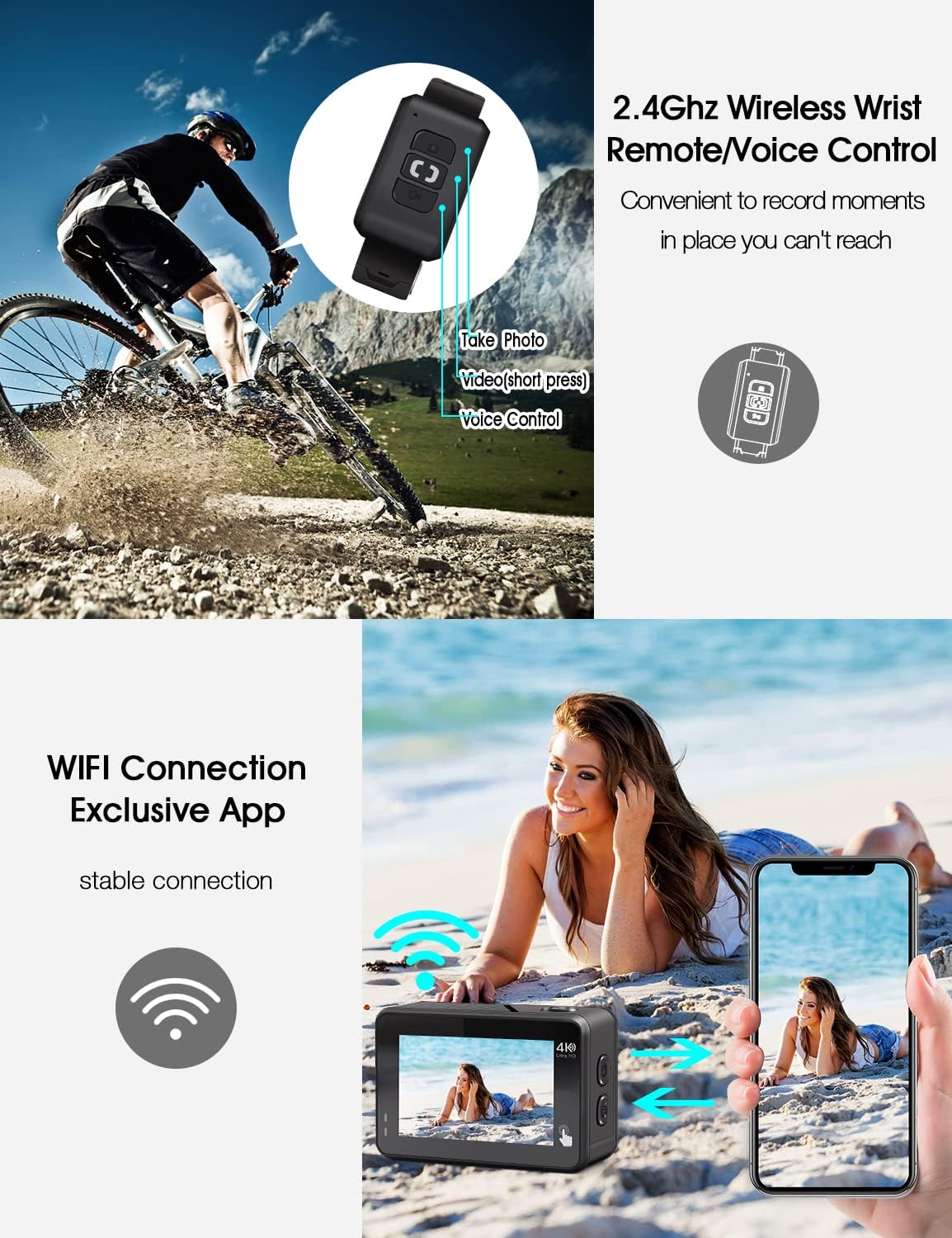 4K 60FPS Action Camera with Stabilization, 20MP WiFi Dual Screen Voice Remote Control 2 Batteries M4949