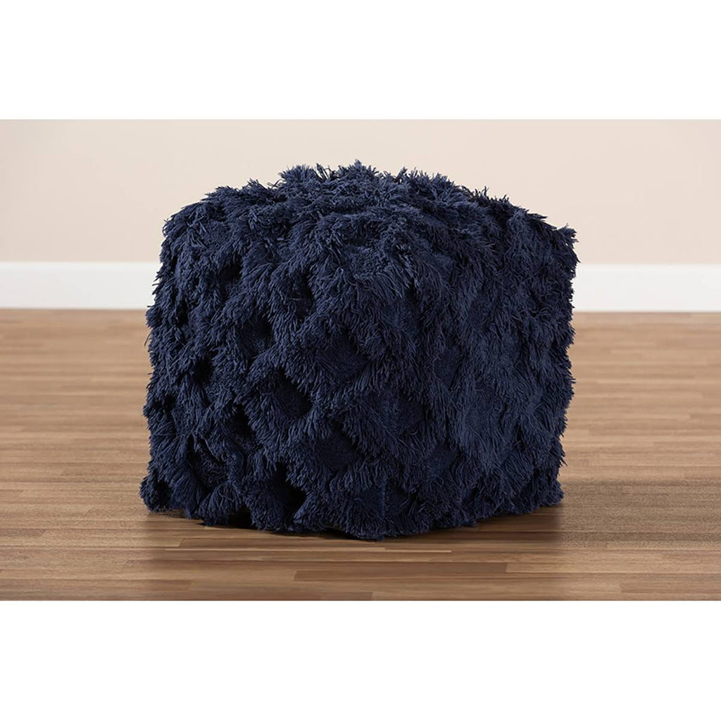 Ivory Handwoven Cotton Fringe Pouf Ottoman S5558