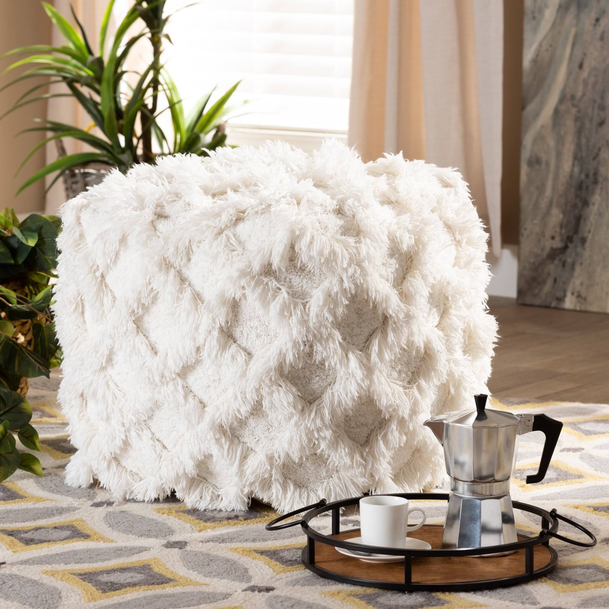 Ivory Handwoven Cotton Fringe Pouf Ottoman S5558