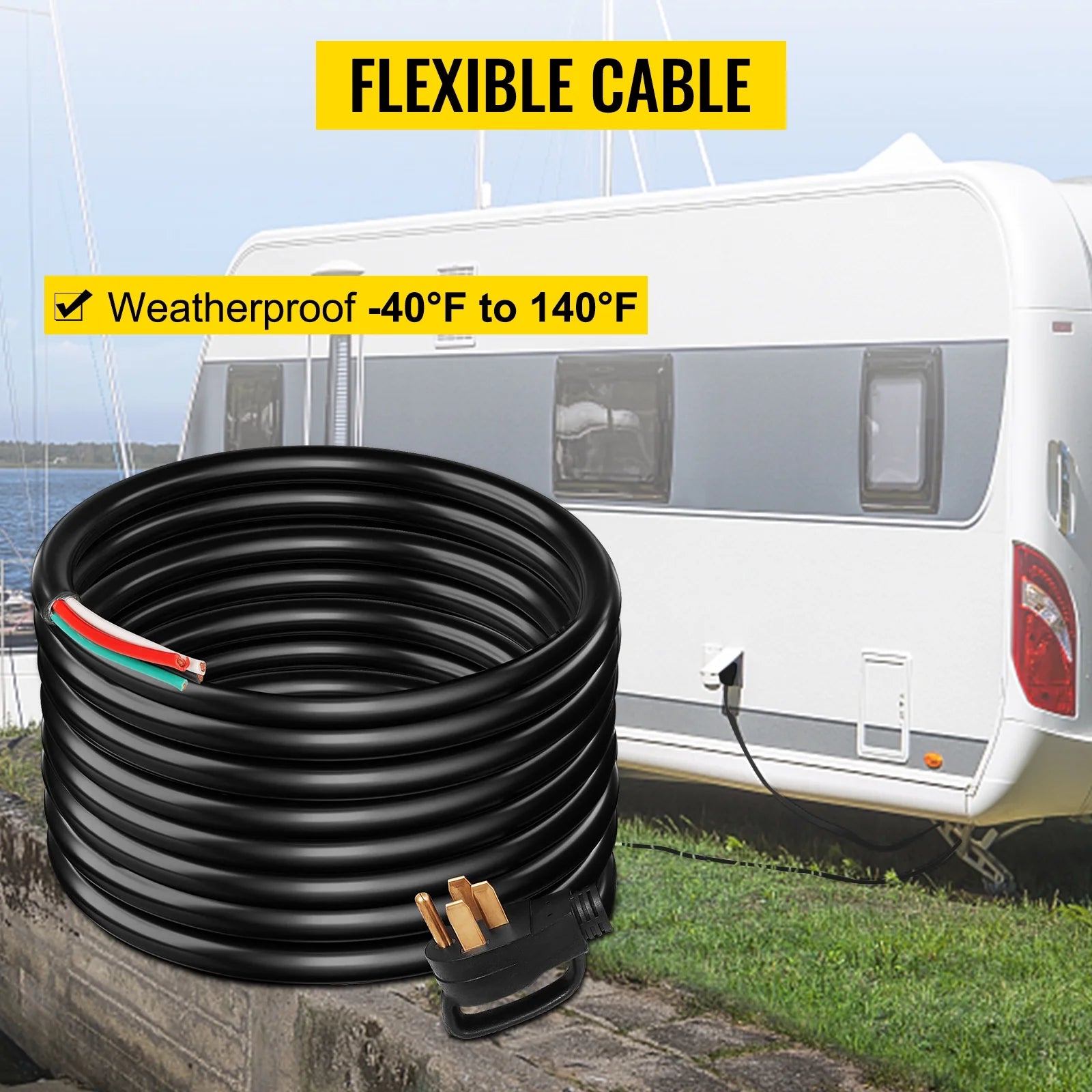 30' 50A RV Power Cord 6/3 + 8/1 AWG NEMA 14-50P to Bare Wire A83446