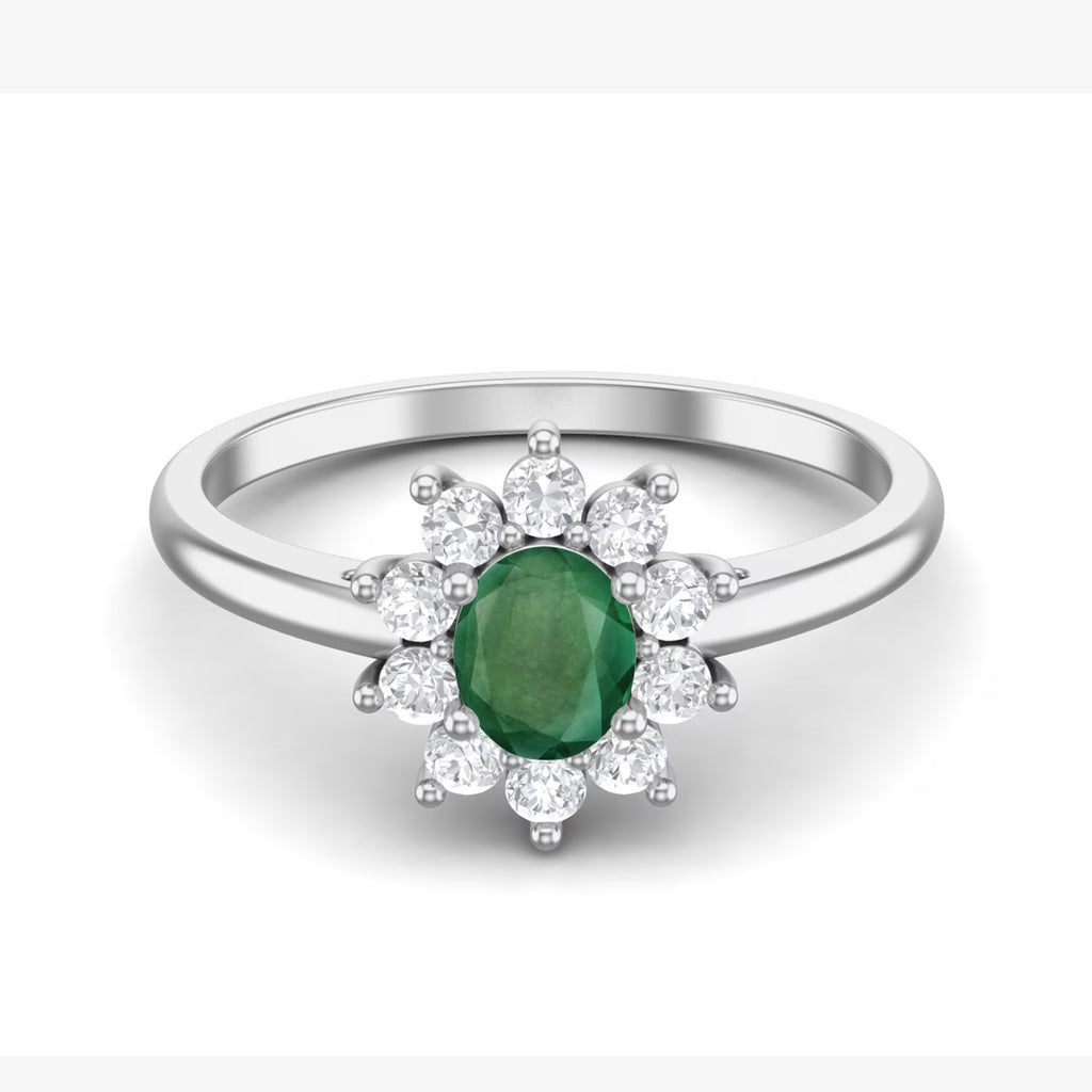 Oval Emerald 925 Sterling Silver Solitaire Halo Engagement Ring Y5842
