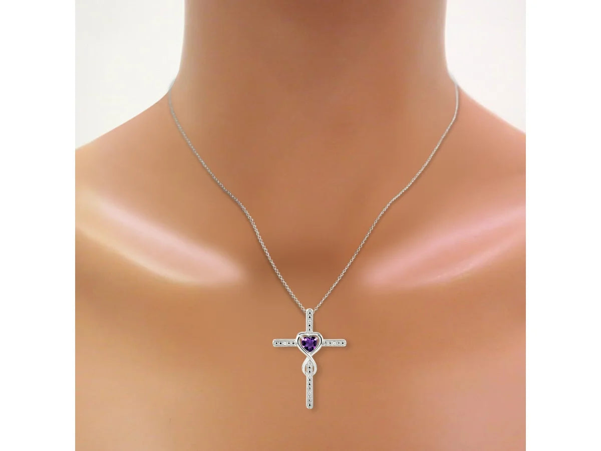 14K White Gold Claddah Friendship Ring & Cross Necklace 18" Chain Heart Gemstone & Diamonds 6MM Amethyst Birthstone Jewelry A184504