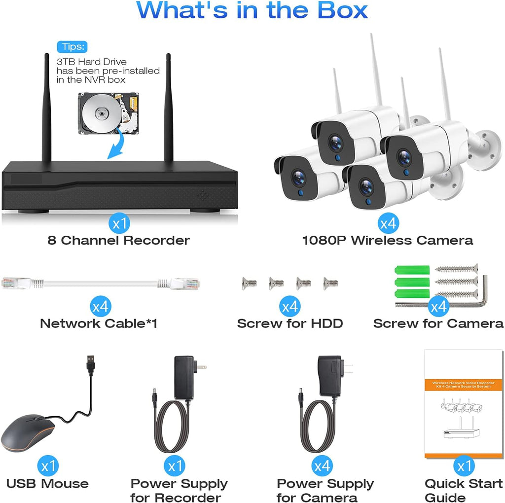 Wireless Security Camera System 3TB Hard Drive 8CH NVR 4pcs Cameras N877