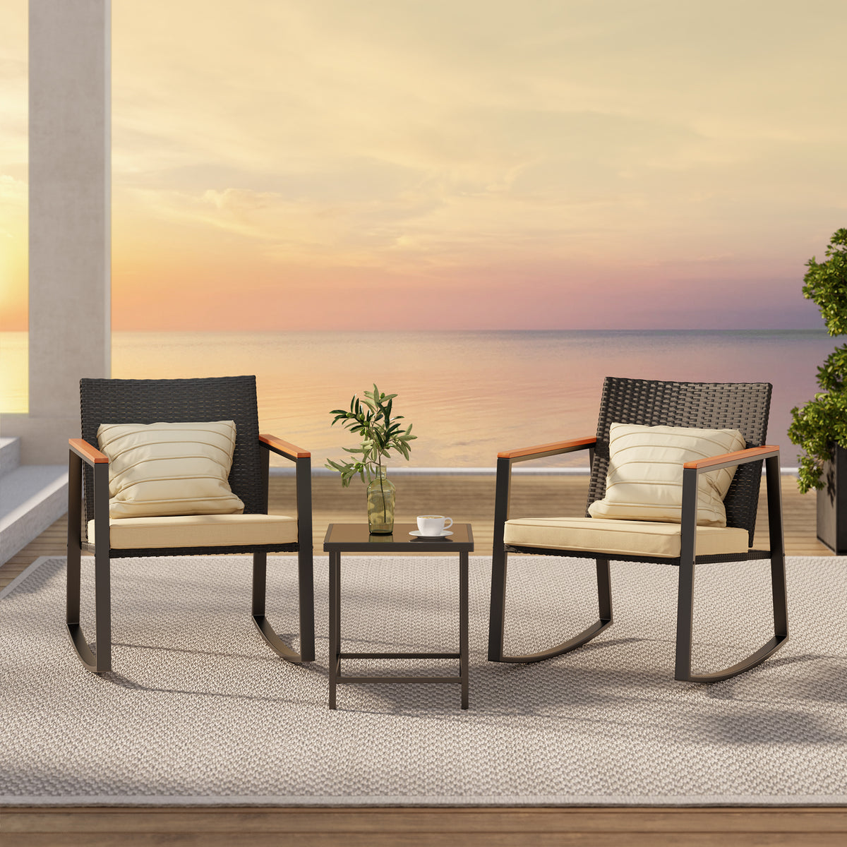 Beige Rattan Wicker Patio Rocking Chair Set with Coffee Table N1682