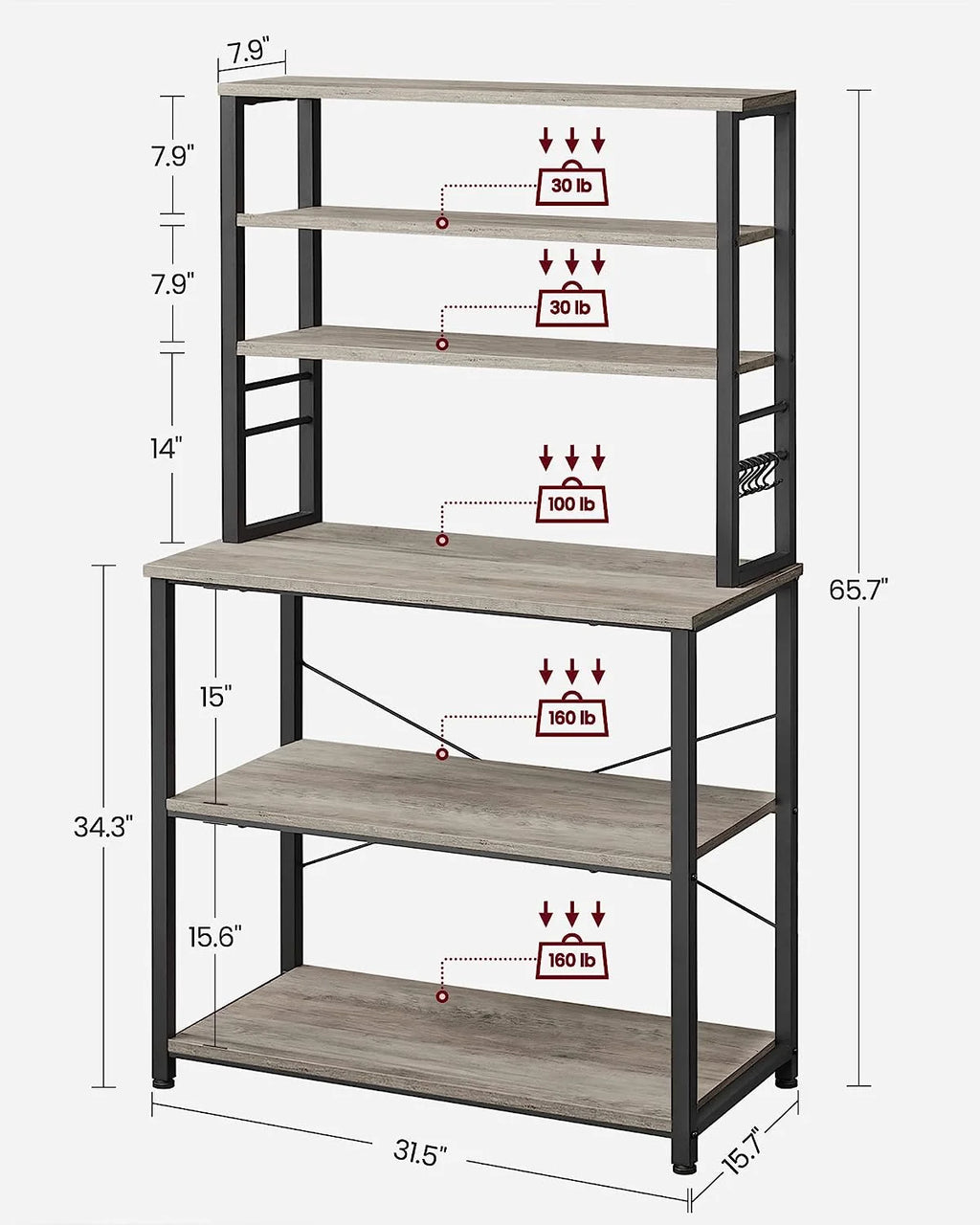 Coffee Bar with Storage, 6-Tier Kitchen Shelves with 6 Hooks, Greige and Black S276