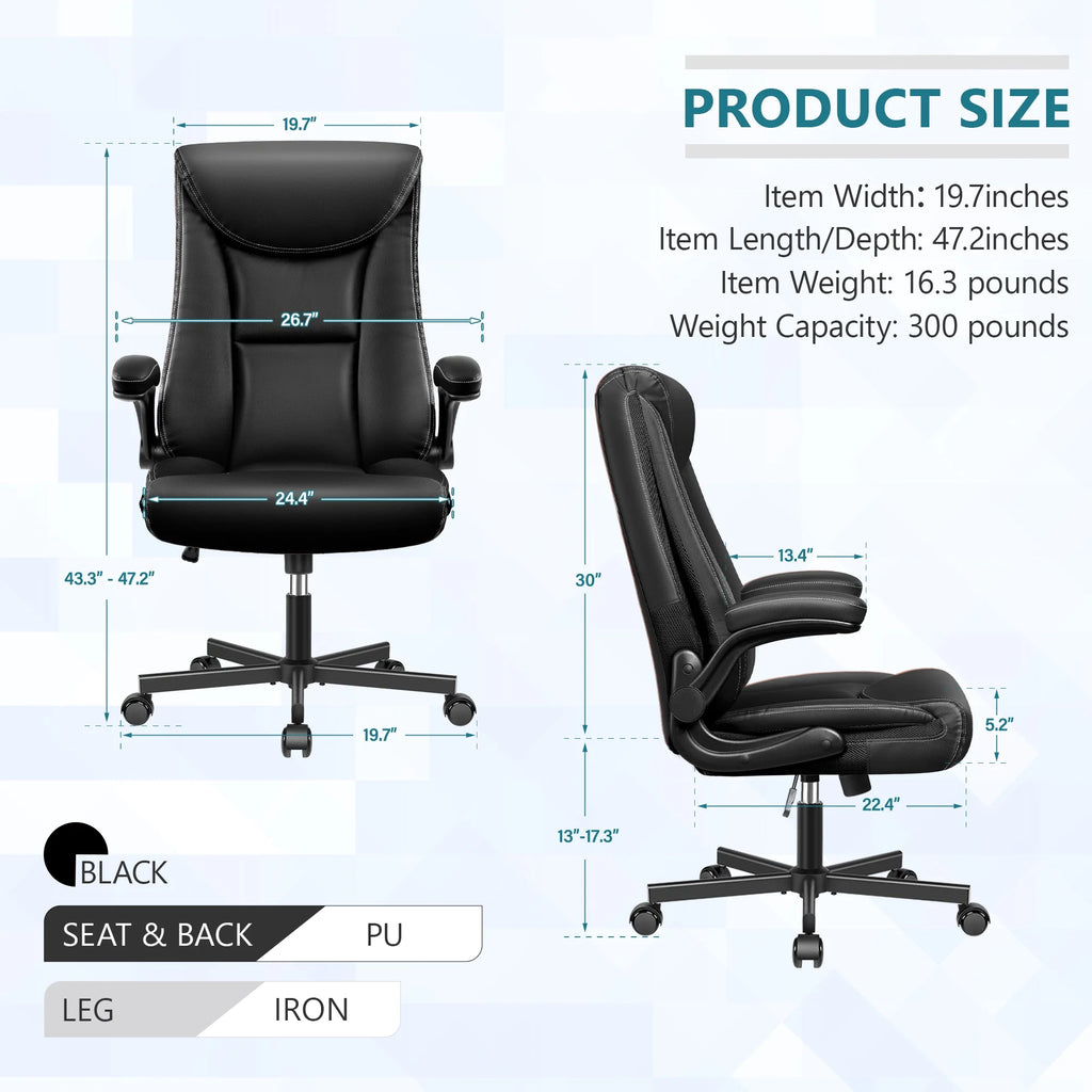 Black Leather Ergonomic Executive Office Chair with Adjustable Flip-Up Arms V195