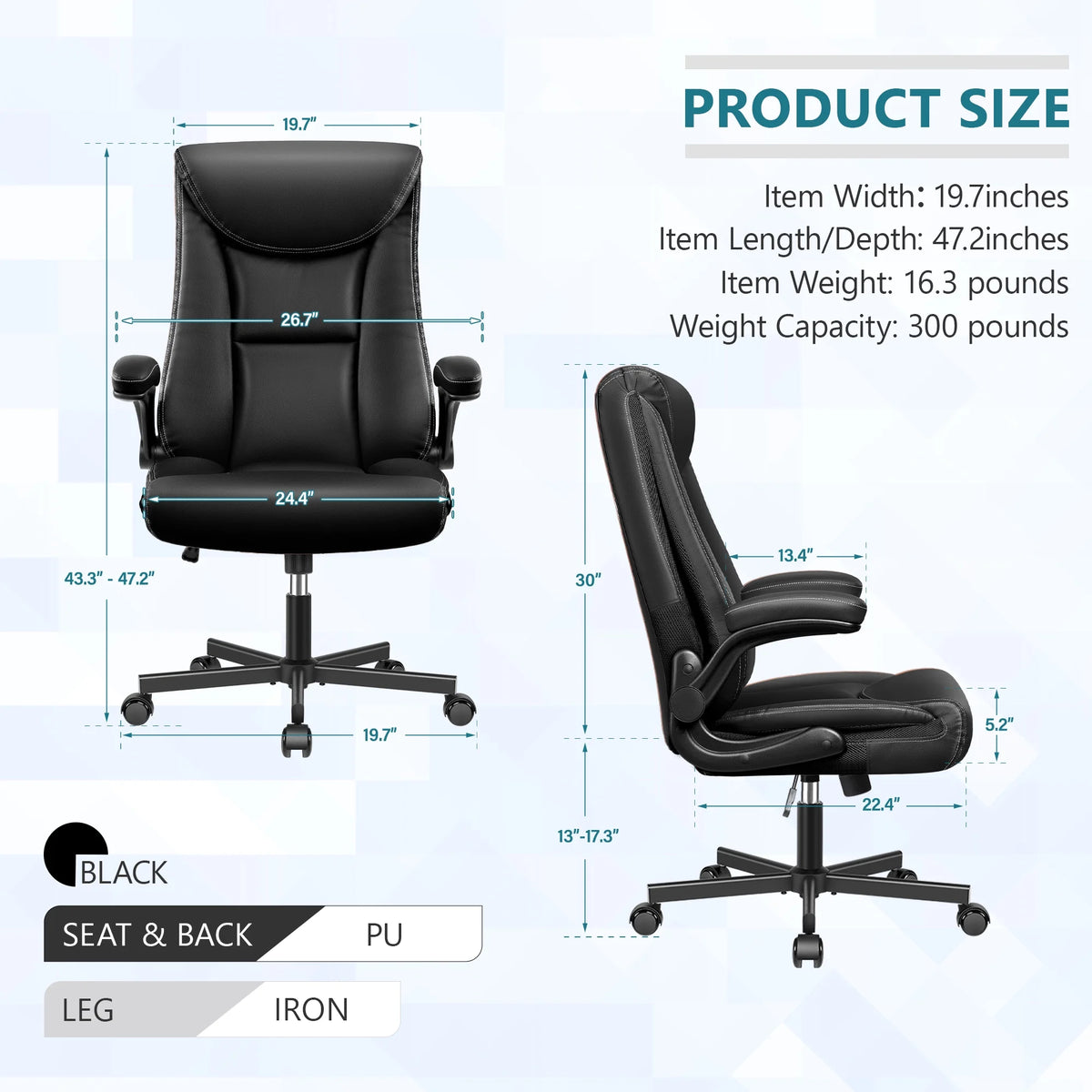 Black Leather Ergonomic Executive Office Chair with Adjustable Flip-Up Arms V195