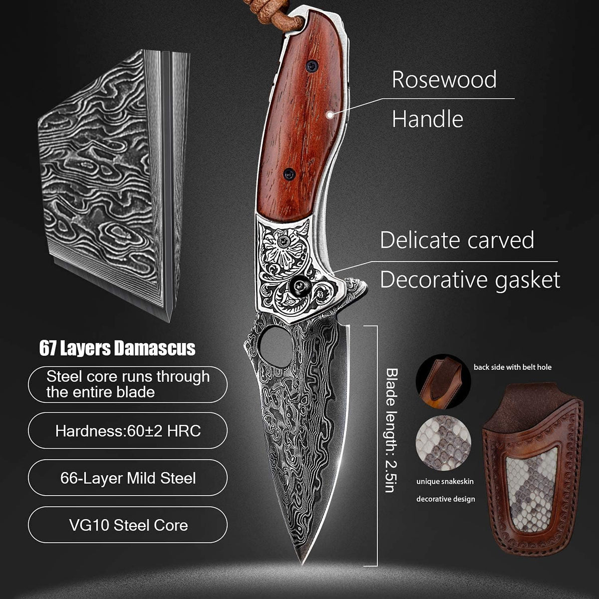 2.5in VG10 Damascus Steel Folding Pocket Knife with Rosewood Handle O14872