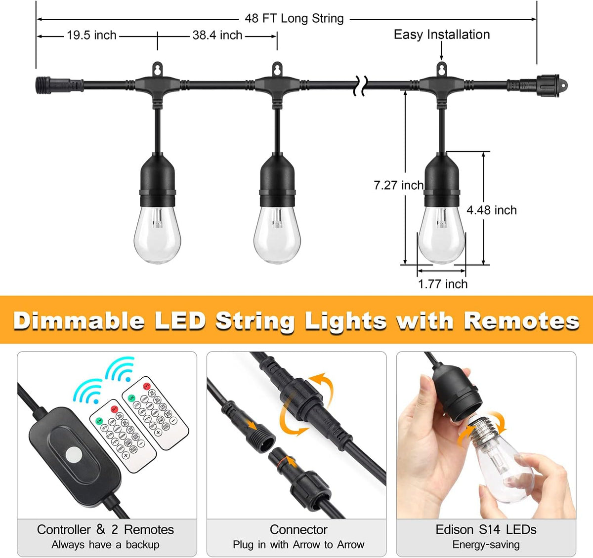 48FT Waterproof Dimmable LED String Lights with Remote D735357