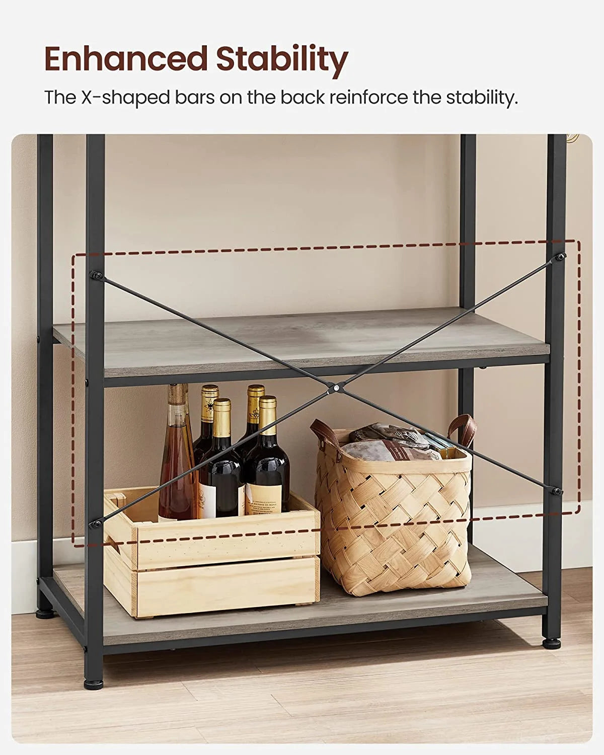 Coffee Bar with Storage, 6-Tier Kitchen Shelves with 6 Hooks, Greige and Black S276