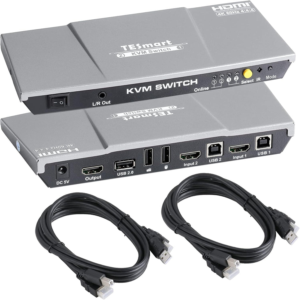 HDMI KVM Switch 2 Ports 4K@60Hz Ultra HD 2x1 with 2 Pcs 5ft KVM Cables USB 2.0 (Black) T207