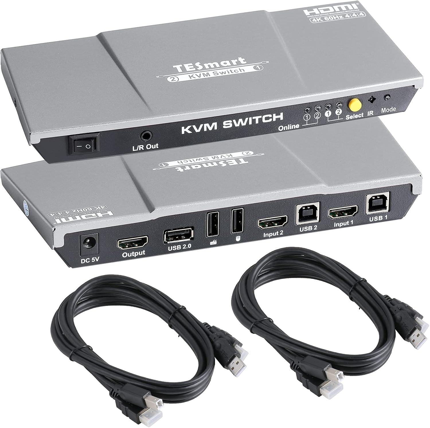 HDMI KVM Switch 2 Ports 4K@60Hz Ultra HD 2x1 with 2 Pcs 5ft KVM Cables USB 2.0 (Black) T207