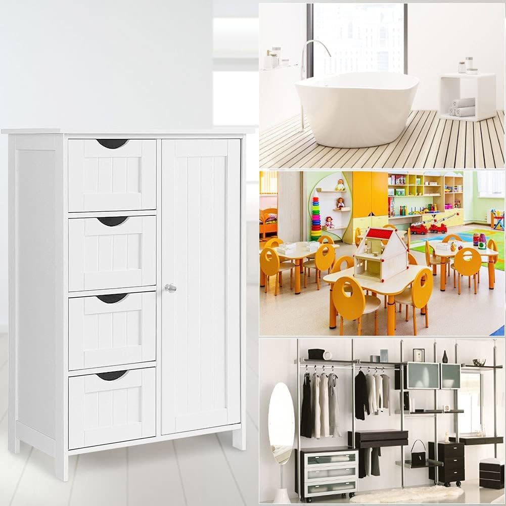 White Wooden Floor Storage Cabinet with 1 Door & 4 Drawer L73023