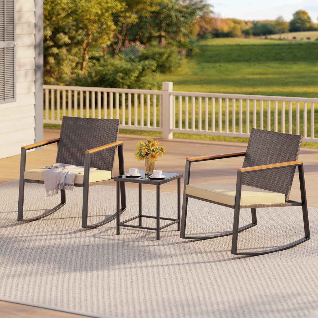 Beige Rattan Wicker Patio Rocking Chair Set with Coffee Table N1682