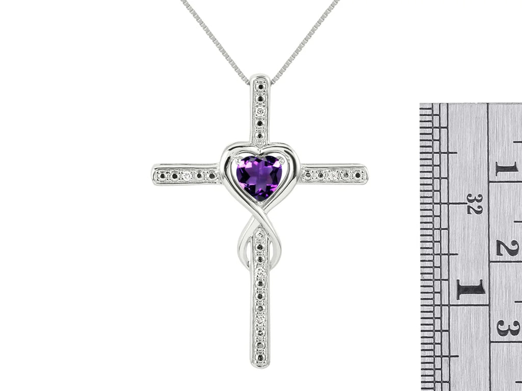 14K White Gold Claddah Friendship Ring & Cross Necklace 18" Chain Heart Gemstone & Diamonds 6MM Amethyst Birthstone Jewelry A184504