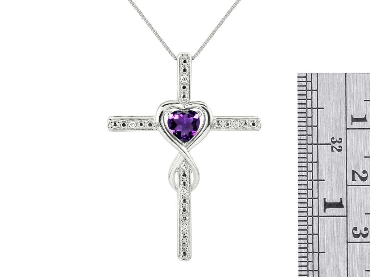14K White Gold Claddah Friendship Ring & Cross Necklace 18" Chain Heart Gemstone & Diamonds 6MM Amethyst Birthstone Jewelry A184504